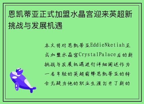 恩凯蒂亚正式加盟水晶宫迎来英超新挑战与发展机遇